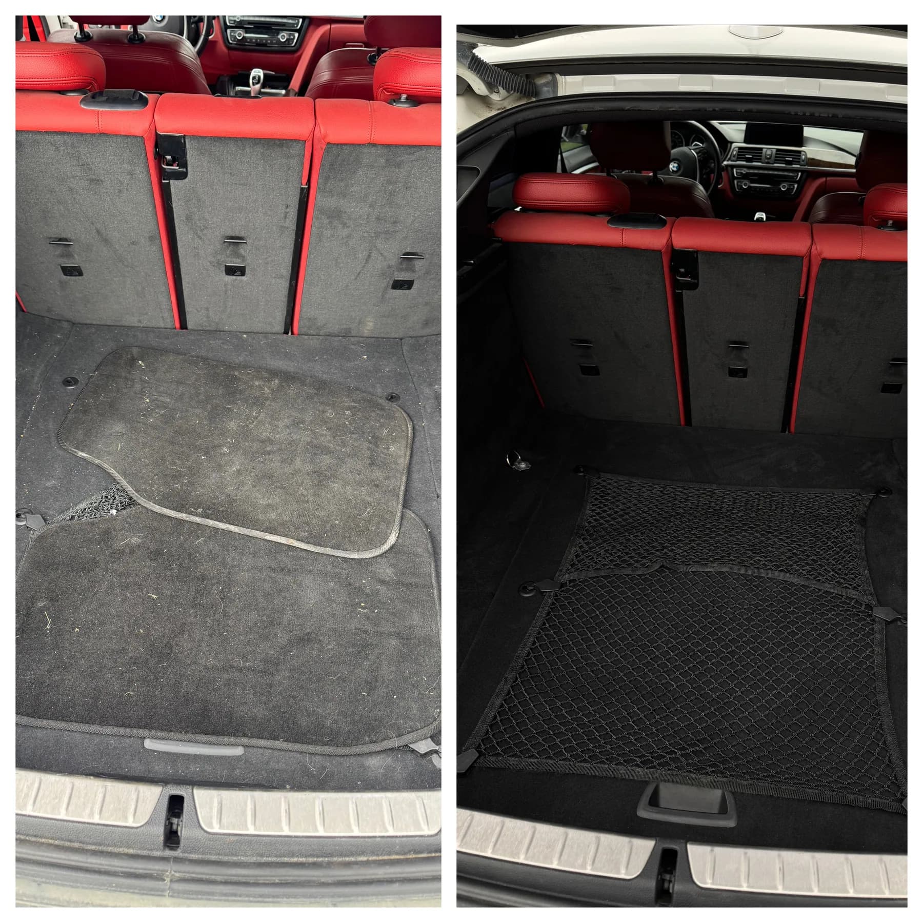 Before and after of a BMW trunk interior detail, showing debris removed and the cargo area restored